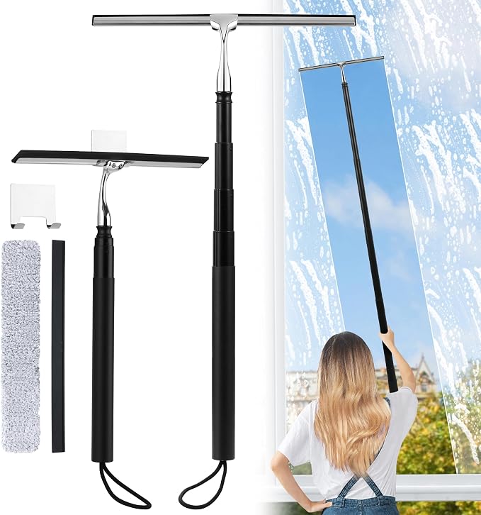 Toncoke 2 in 1 Window Squeegee, Shower Squeegee Window Cleaning Kit with Extension Pole Long Handle Squeegee for Shower Glass Floor Bathroom Home Outdoor, 12 inch Wide, Black