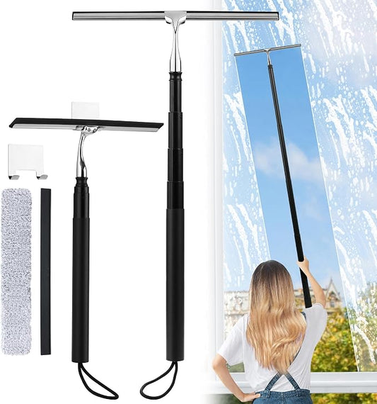 Toncoke 2 in 1 Window Squeegee, Shower Squeegee Window Cleaning Kit with Extension Pole Long Handle Squeegee for Shower Glass Floor Bathroom Home Outdoor, 12 inch Wide, Black