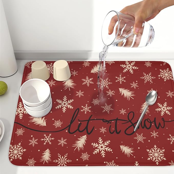 Christmas Snowflake Dish Drying Mat for Kitchen Counter 18x24 Inch | Red Xmas Theme Snowflakes Trees Snowy Dish Drainer Mat Rustic Winter Holiday Absorbent Washable Drying Pad