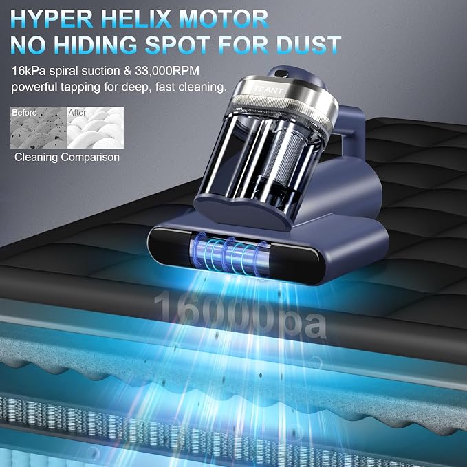 Teant Mattress Bed Vacuum Cleaner, 16 kPa Suction & 253.7nm UV-C, MV-Blue | 2-Speed Mattress Vacuum with 33000 RPM Tapping, UV-C, Ultrasonic, 149℉ Heat, Anion, HEPA, Deep Clean for Bed and Pet Hair