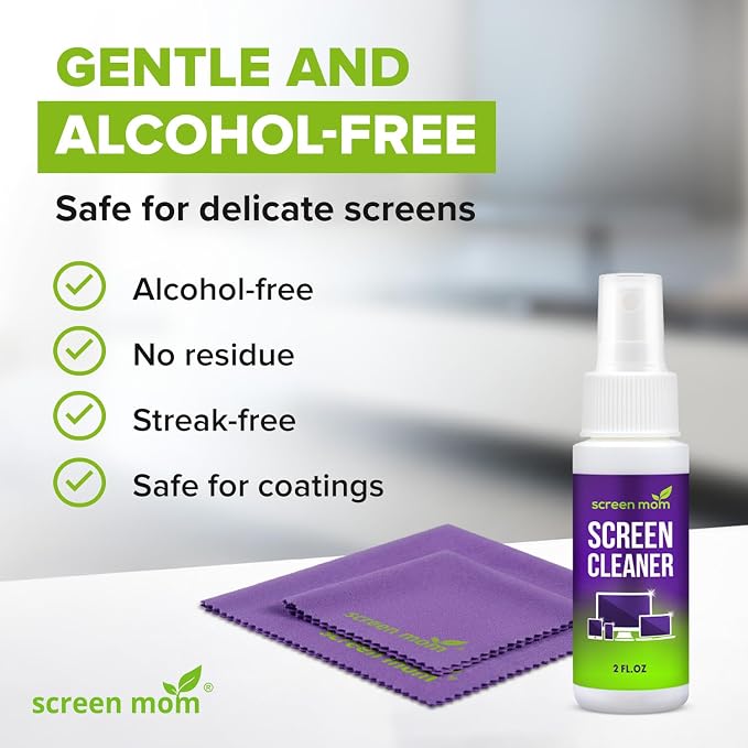 Screen Mom Screen Cleaner Spray 2oz Bottle for TV, Car, Laptop & Computer | Streak-Free Formula, Glass & OLED Safe, Alcohol and Ammonia Free Formula, Includes 2 Microfiber Cloths, Travel-Friendly Size