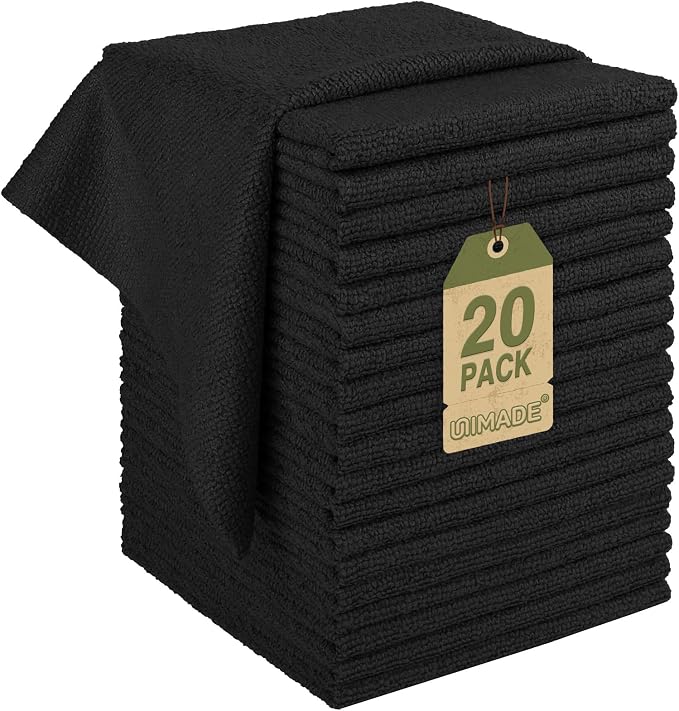 UNIMADE Microfiber Cleaning Cloth, 20 Pack Reusable Microfiber Towels for Cars Lint Free Cleaning Shop Towel Rags for Home Kitchen Automotive Bar Mechanic Restaurant Garage, 11.5"x 11.5", Black