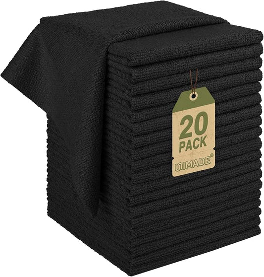 UNIMADE Microfiber Cleaning Cloth, 20 Pack Reusable Microfiber Towels for Cars Lint Free Cleaning Shop Towel Rags for Home Kitchen Automotive Bar Mechanic Restaurant Garage, 11.5"x 11.5", Black