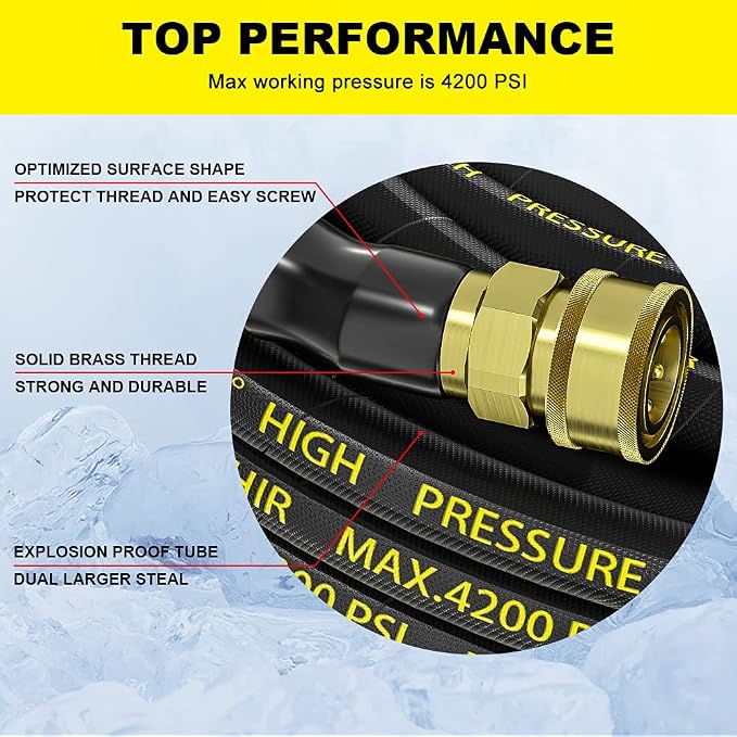 Pressure Washer Hose 70ft with 3/8" Quick Connector, High Tensile Wire Braided Kink Resistant 1/4 Inch Power Washer Hose 4200 PSI, 2pcs M22 14mm to 3/8" Adapter Set, Multi-Scene Use | POHIR 2pcs 3/8'' QC to M22 14mm Adapters, 4200PSI Power Washing Hose...
