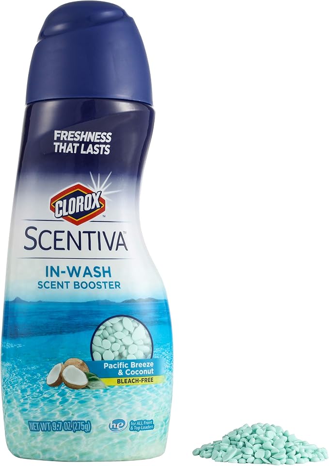 Clorox Scentiva Scent Booster Beads Laundry Freshener, Pacific Breeze and Coconut - In-Wash Fragrance Booster for Clothes, Towels, and Linens, Odor Eliminator, Long-Lasting Fresh Scent, 9.7 Oz