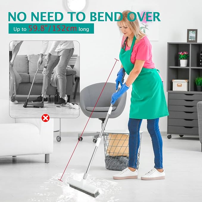 2-in-1 Floor Scraping Brush, 59.8" Long-Handled, White | Adjustable Floor Brush,Suitable for Kitchen,Bedroom, Shower Room,Floor,Tile Patios,Outdoor Patio,Terrace