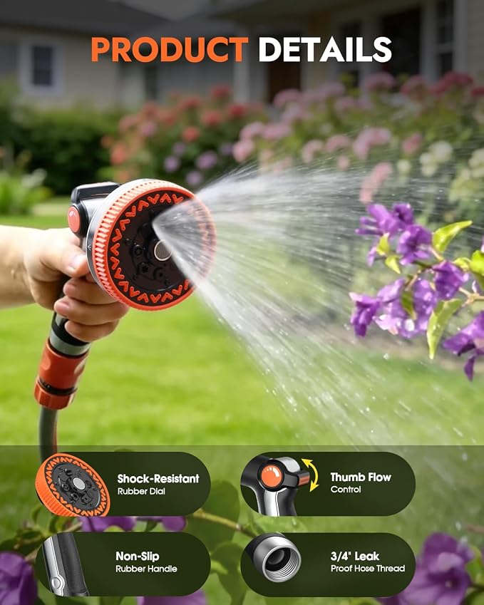Insoma Heavy Duty Metal Water Hose Nozzle, 8-Pattern Garden Hose Sprayer | Water Spray Gun With Thumb Flow Control And Ergonomic Grip, Leak-Proof, Gentle Mist Ideal For Plants, Pets, Washing Cars
