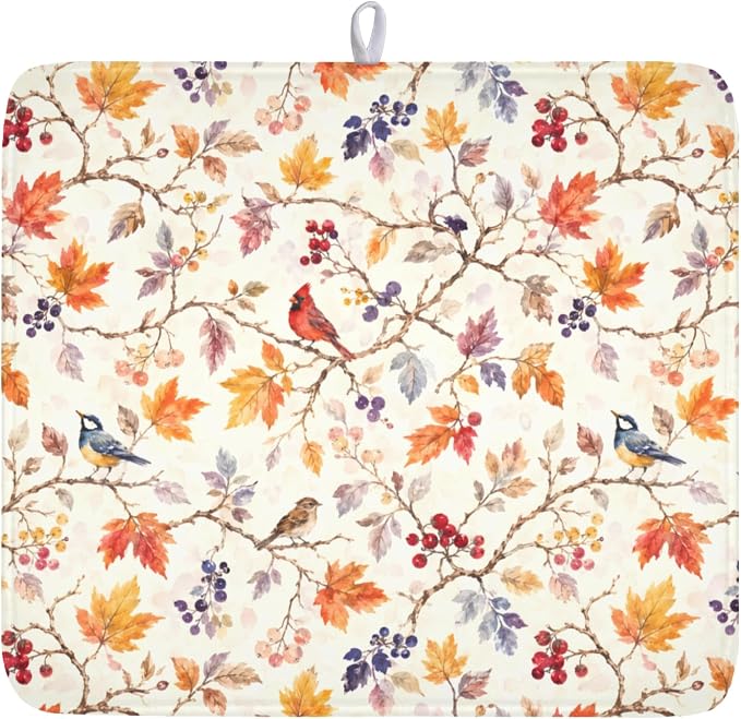 Fall Dish Drying Mat for Kitchen Counter Autumn Harvest Watercolor Maple Leaves Birds Dish Drainer Mat Rustic Farmhouse Absorbent Washable Drying Pad 16"x18"