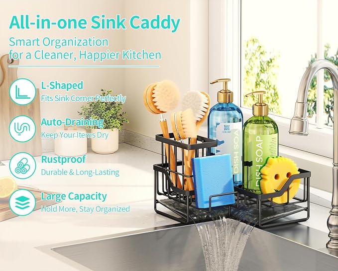 HapiRm Sponge Holder for Kitchen Sink - Rustproof L-Shaped Sink Caddy | Stainless Steel Kitchen Organizer for Sink Corner, Self-Draining 3-in-1 Dish Brush and Sponge Storage, Space-Saving - Black
