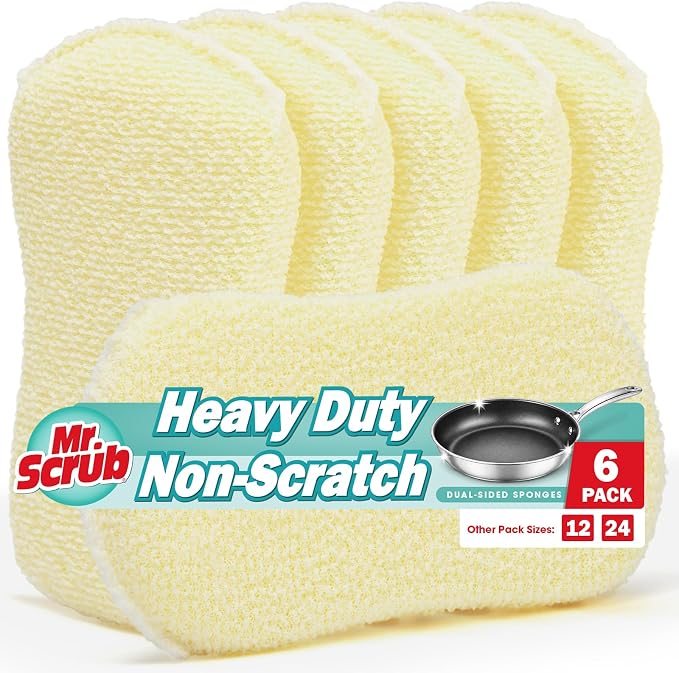 Mr. Scrub Sponges Kitchen Scrub Dish Sponge Scouring Pad, 6 Pack Cleaning Brush Scrubber Supplies for Soap, Dishwashing Dinnerware Sets Pan Pot Glass Dishwasher Sink Bathroom Towels Cloth Rags Holder