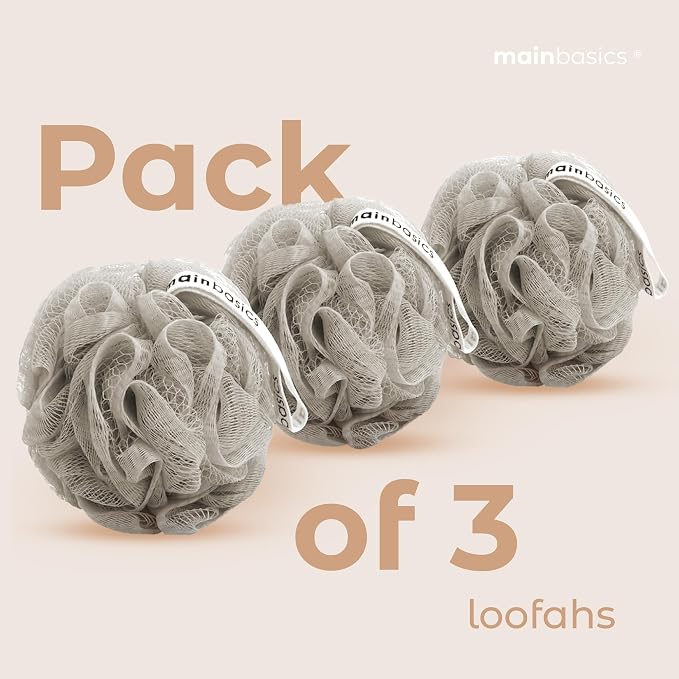 MainBasics Shower Loofah Sponge Pouf, Set of 3, Totally Taupe | Soft Mesh Body Scrubber and Bath Sponge for Gentle Exfoliation, Rich Lather, and Everyday Shower Use