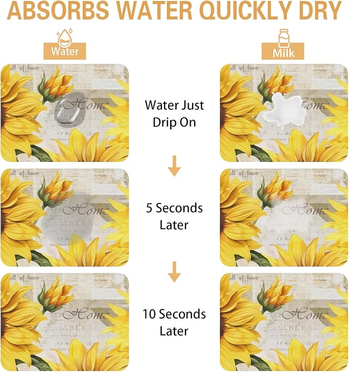 Sunflower Kitchen Countertop Dish Drying Mat,Super Absorbent Coffee Bar Mat for Maker Espresso Machine, Anti-Slip Accessories for Kitchen Countertops 24x18 Inch