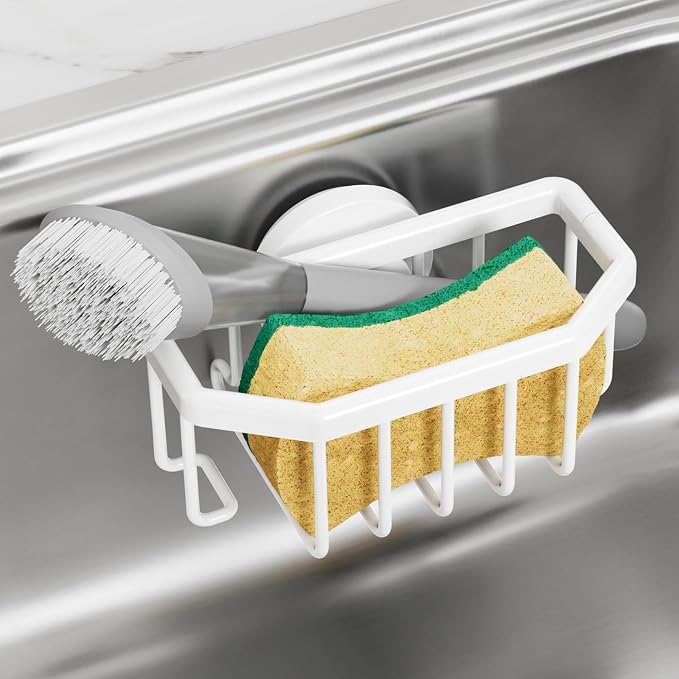 TAILI Sponge Holder for Kitchen Sink with Strong Suction Cup, Rustproof Aluminum Sink Caddy for Sponges, Brushes, Stoppers & Scrapers, White