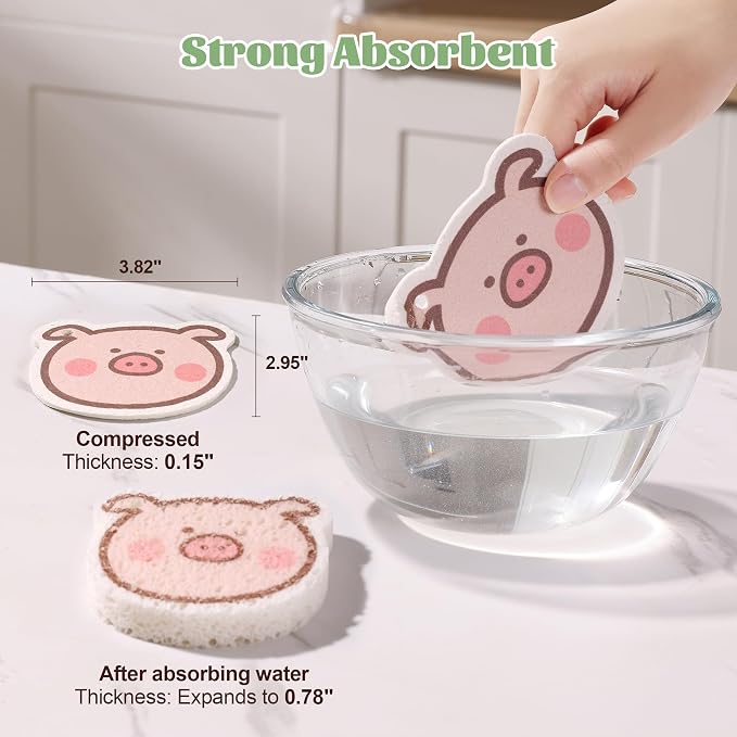 JOYMOOP Kitchen Sponge for Washing Dishes, 4 Pack Cartoon Cellulose Sponges for Cleaning, Reusable Non-Scratch Sponges for Household, Car Interior and Pet Supplies - Piggy Pattern