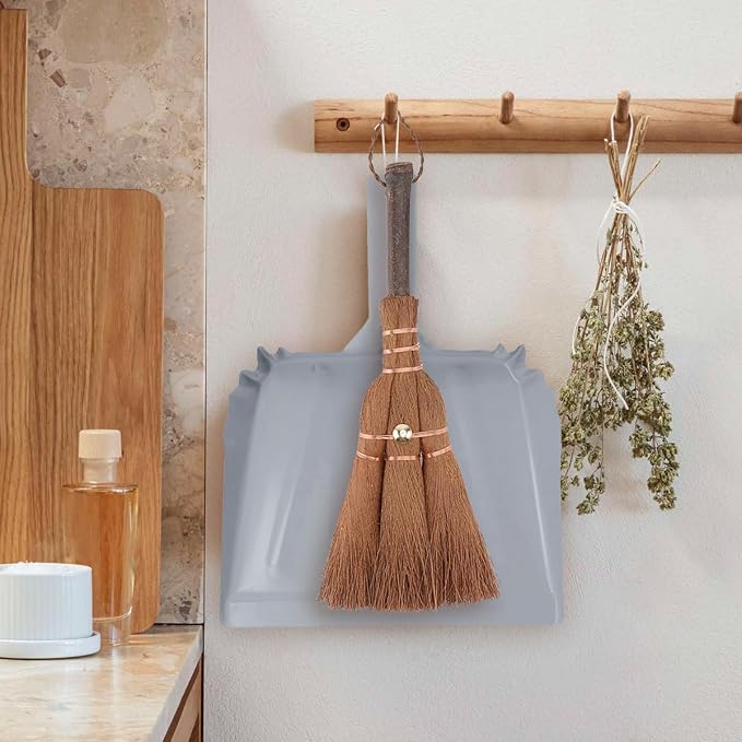 Small Metal Dust Pan and Brush for Fireplace, Garage, Shop, 9" Wide | Heavy duty dustpan for outdoor indoor camping rv, Natural soft hand broom for bench counter woodworking woodstove anti-static