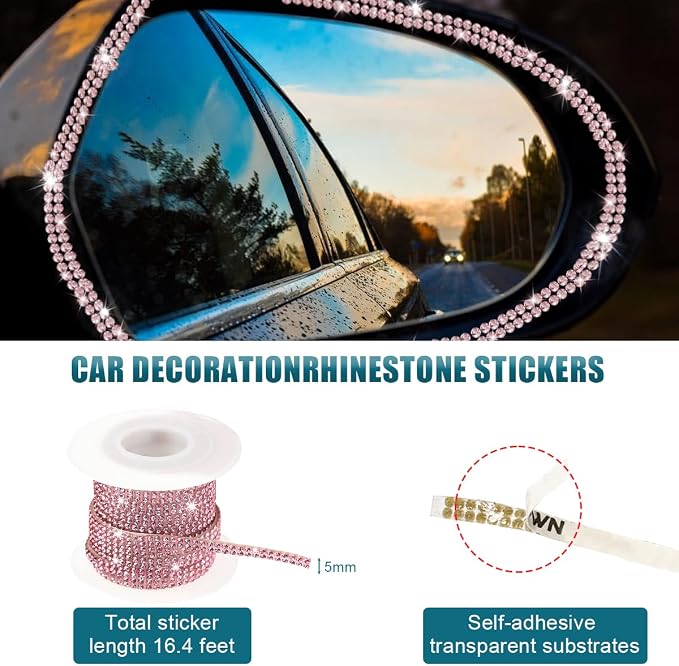 Ohleats Bling Car Trim Self Adhesive, 16.4 Ft Auto Interior Exterior Crystal Rhinestone Decoration Strip Decal, Glitter Trim Strips Line Molding for Dashboard, Car Accessories (Pink)