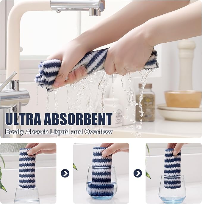 Homaxy 8 Pack Kitchen Towels and Dishcloths Set, 10 x 10 and 10 x 20 Inches, Ultra Soft and Absorbent Coral Velvet Dish Towels, no-lint Reusable Fast Drying Microfiber Cleaning Cloth, Navy Blue