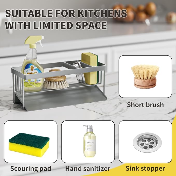 Kitchen Sink Caddy Organzier with Sponge Holder and Removable Drip Tray for Kitchen Sink, 304 Stainless Steel Organize for Sponge Soap Dish Brush Storage Accessories(Silver)