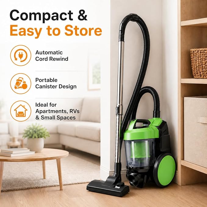Simple Deluxe Household Portable 16.4Ft Vacuum Cleaner, 16Kpa Bagless Canister Cleaner, Lightweight Powerful Vacuum for Carpets and Hard Floors, with Washable HEPA Filter, Green