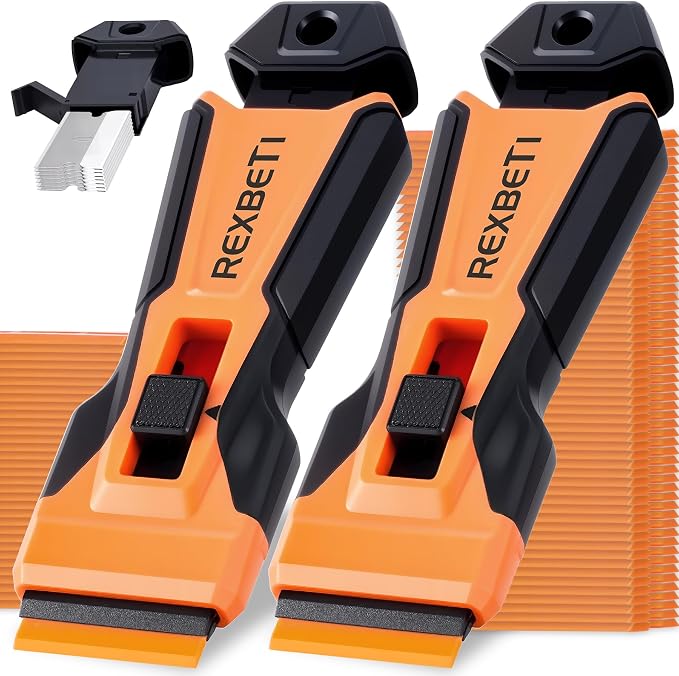 REXBETI Razor Blade Scraper Tool, 2 Pack Windows, Glass Stovetop Scraper | 14 metal & 300 plastic blades. Removing paint, grease, adhesive, stickers, label, decal. General cleaning tool. Blade Storage