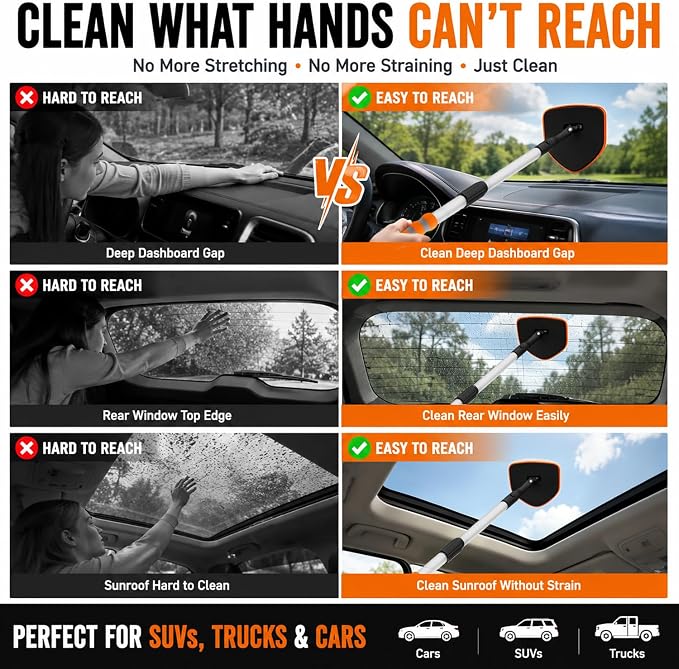 XINDELL Interior Windshield Cleaner Tool, Extendable Car Window Cleaning Kit with 360° Rotating Head, Interior Exterior Glass Cleaner for Cars Trucks SUVs, 10PCS with 3 Pads, Towels, Brushes & Bag | 360° Head, Extendable Handle, 3 Pads, 2 Brushes, 3 To...