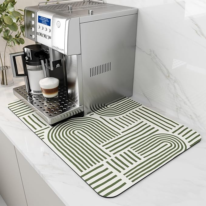 AMOAMI Coffee Mat Hide Stain Rubber Backed Absorbent Dish Drying Mat for Kitchen Counter - Fits Under Coffee Maker or Machine - Green Line 16x24