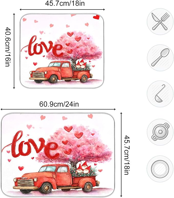 Valentine’s Day Love Tree Dish Drying Mat for Kitchen Countertop 18x24 Happy Valentines Day Gnomes White Large Drying Mat Reusable Quick Dry Dish Sink Mats Easy Clean Decorative Essentials