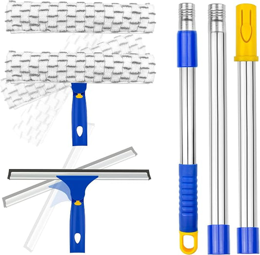 Window Squeegee with Extension Pole, Separate 12" Squeegee & 11" Microfiber Scrubber Heads, Window Cleaning Kit for Hard-to-Reach Windows, Shower Doors, Car Windshields, Indoor Outdoor-2 Pads