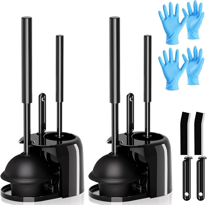 FORASTO 4 in 1 Toilet Brush and Plunger Set, Long Handle Combo, 2 Pack | Dark black bathroom cleaning tools with holder. Includes crevice brush for deep toilet bowl scrubbing.