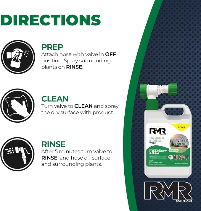 RMR House and Siding Wash - Commercial-Grade Outdoor Stain Remover for Mold, Mildew, and Algae, 64 Ounce Bottle With Hose-End Adapter