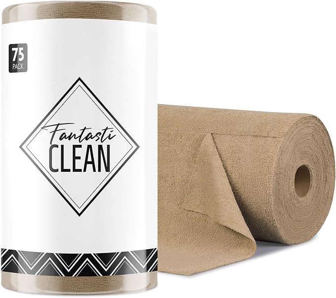 Fantasticlean Microfiber Cleaning Cloth Roll- 75 Sheets, 12" x 12" (TAN) | Super Absorbent, Lint-free, Tear-away Microfiber Towel Roll, for All-Purpose Cleaning