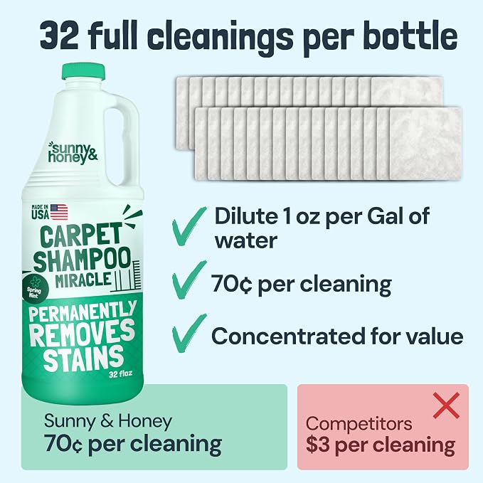 Sunny & Honey Carpet Cleaner Shampoo Solution for Machines, 32floz Mint | USA Made - Stain and Odor Eliminator - Cleans Carpets and Upholstery - For Upright and Spot Cleaners - Concentrated Formula