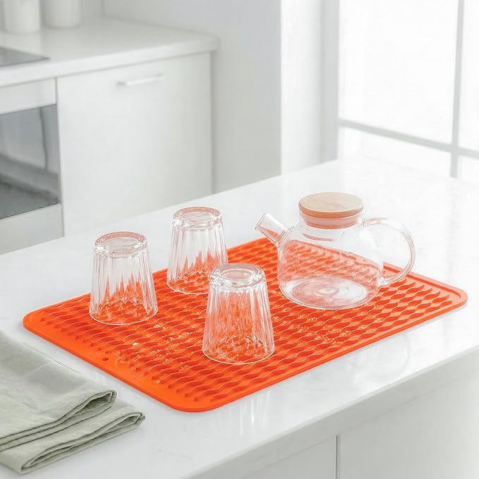 MicoYang Silicone Dish Drying Mat — Quick-Dry Ridges Counter & Sink Pad, Heat-Resistant Trivet to 450°F, Non-Slip & Dishwasher Safe, Roll-Up Storage, 18 Colors & 9 Sizes (Orange, 16"×12")