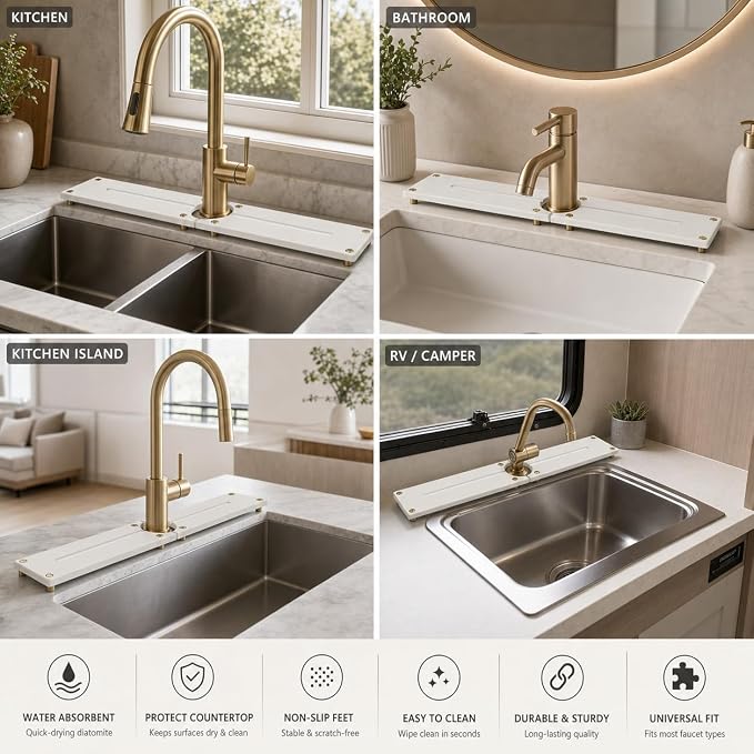 2PCS Stone Faucet Mat for Kitchen Sink, Water Absorbing Sink Tray Organizer for Bathroom Counter, Diatomite Soap Dish Coaster Caddy Riser, Sponge Holder Dispenser Mat, Gold White 23.6" x 4", 1 Set