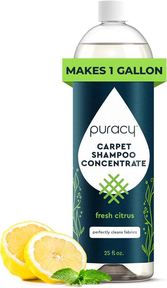 Puracy Carpet Cleaner Solution - Carpet Shampoo, Pet Stain & Odor Remover, Rug & Upholstery Cleaner, 4X Concentrated, Low Foam Shampooer Formula, Fresh Citrus, 25oz