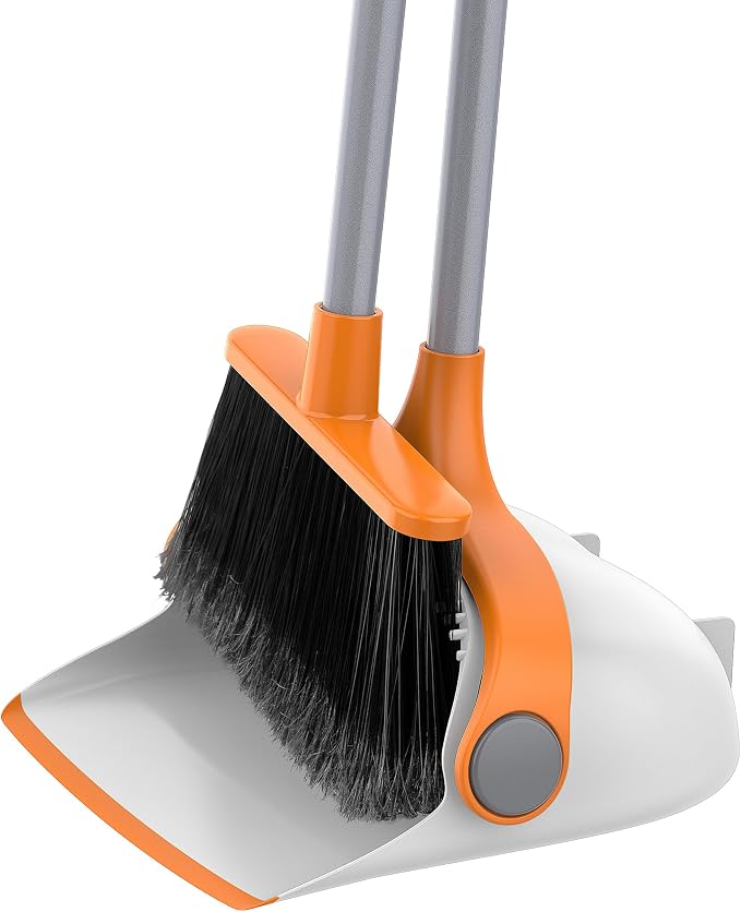 MR.SIGA Broom and Dustpan Set with Adjustable Long Handle, White & Orange | Stand upright broom with dustpan combo for home, office and garage easy sweeping and storage. 51.7"(131 cm) broom handle