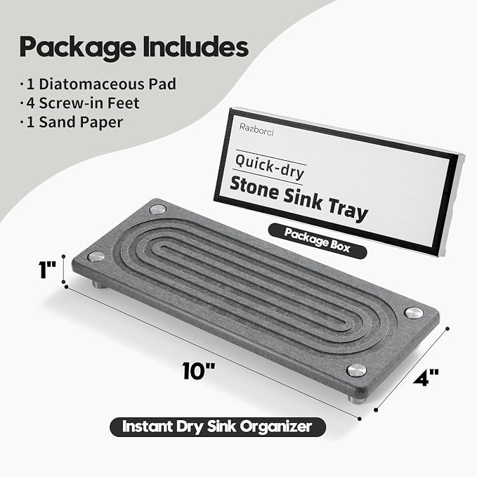 Razborci Water Absorbing Stone Sink Caddy Kitchen Sink Organizer Tray, Diatomite Bathroom Counter Tray, Faucet Drying Mat Coaster Soap Dish Rack Riser Dispenser Sponge Holder, Charcoal 10" x 4"