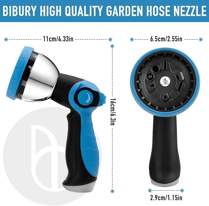 BIBURY Garden Hose Nozzle, Heavy Duty Zinc Alloy Water Hose Sprayer with 10 Patterns & Thumb Control, Leak-Proof High Pressure Hose Attachment for Watering Plants, Car Wash and Showering Pets (Blue)