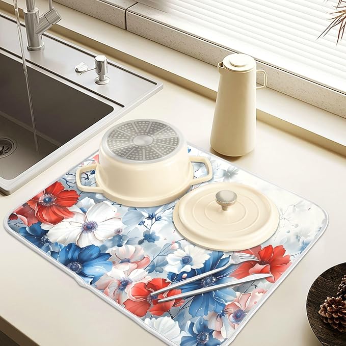 4th of July Patriotic Blue Red White Flowers Dish Drying Mat for Kitchen Counter Absorbent Microfiber Large Independence Day Drying Pad Dish Mats for Kitchen Countertops 18 x 24 Inch