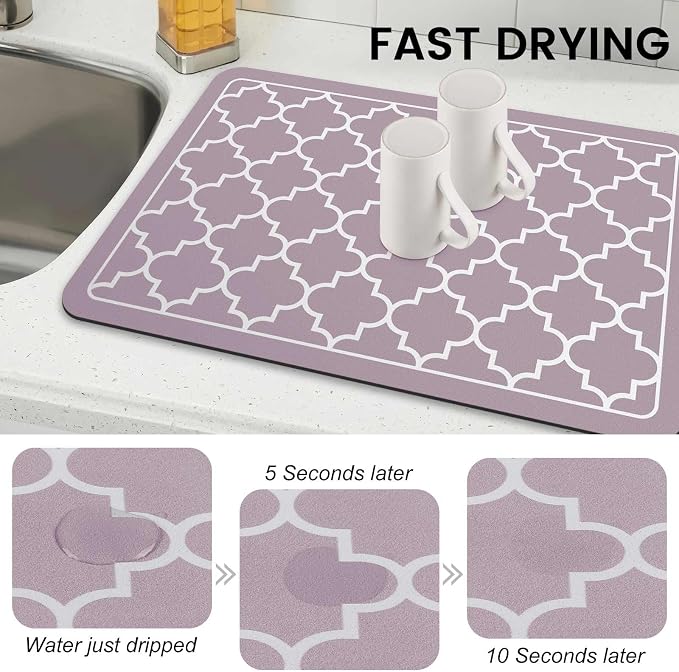 WISELIFE Dish Drying Mat Super Absorbent Drying Mat Large Dish Drying Mats for Kitchen Counter Easy Clean Dish Mat Kitchen Drying Mat16"x 24" Stylish Purple