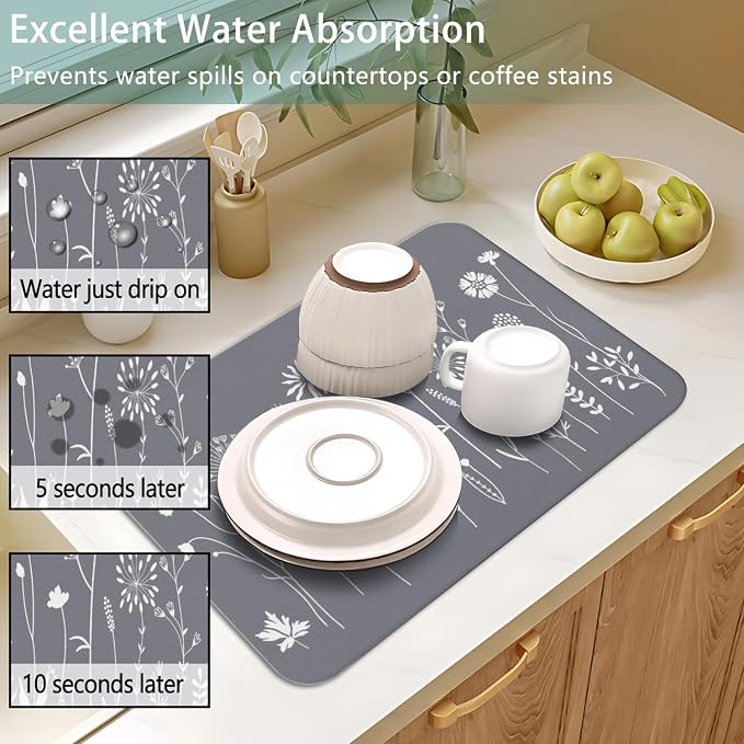 Dish Drying Mat 2-Pack with Wildflowers for Kitchen Counter Dishes | Diatom Mud Mats (18x24, 19.5x12"). Non-slip rubber back for kitchen counter, coffee bar & sink scenes