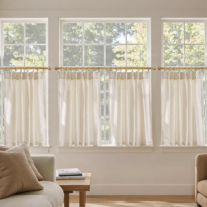 jinchan Pinch Pleated Linen Back Tab Tier Curtains,26x36,4 Panels,Natural | Light filtering,rod pocket,small window treatment,cafe curtains,machine washable,farmhouse,kitchen,bathrooms,laundry