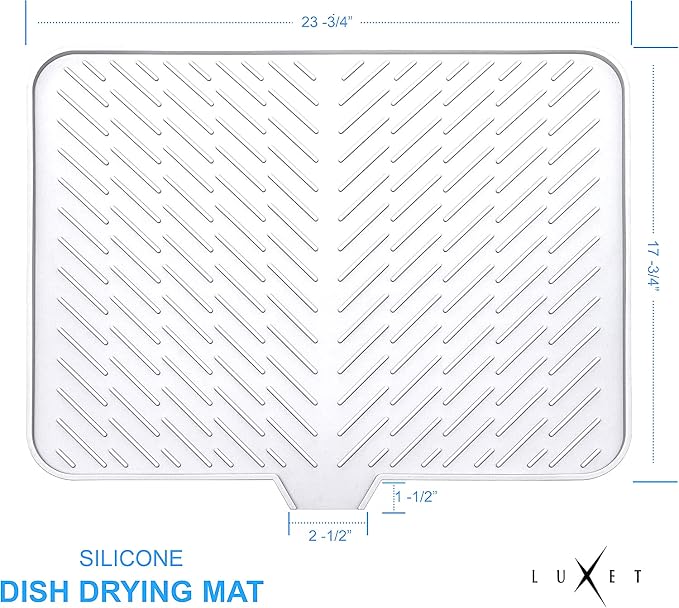 Luxet Silicone Dish Drying Mat with Built-in Drain Lip - Hygienic Drying Pad - Sturdy Compact Easy to Clean Tray Protects Surfaces Prevents Water Build Up - 23 X 17 (White)