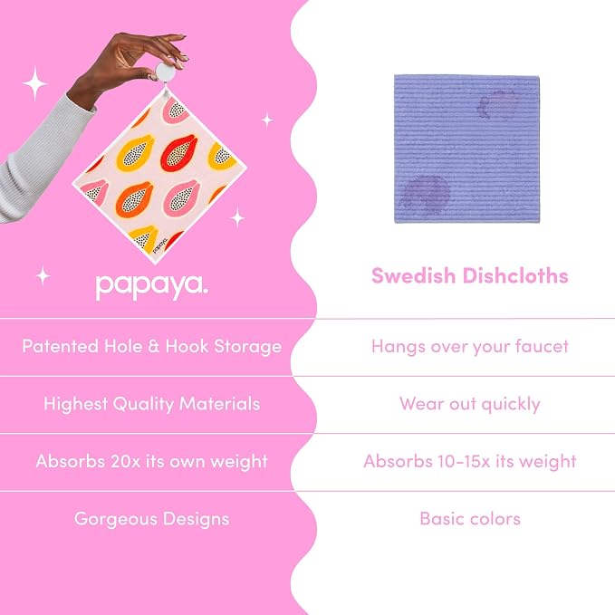 Papaya Swedish Dishcloths for Kitchen, 2 Reusable Paper Towels, 1 Hook