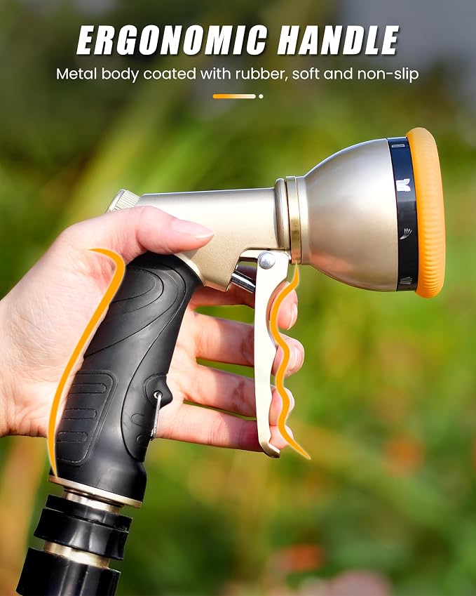 RAINPOINT Garden Hose Nozzle, Metal Hose Sprayer Nozzle With 9 Adjustable Spray Patterns, Heavy Duty Hose Sprayer for Watering Plants, Lawns, Car Wash, Pet Washing (1, Orange)