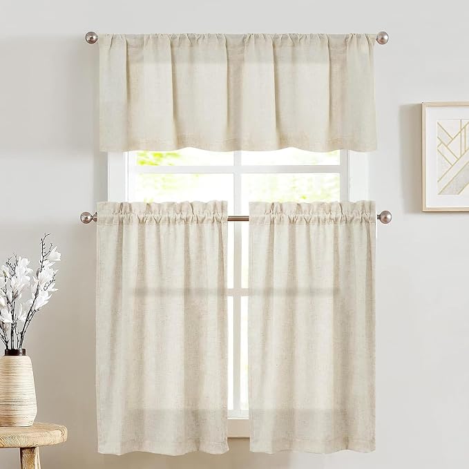 jinchan Lien Tier Curtains and Valances, 26x36, 3 Panels, Natural | Light filtering, rod pocket, cafe curtains, farmhouse, machine washable, small window decor, bathroom, laundry room, RV