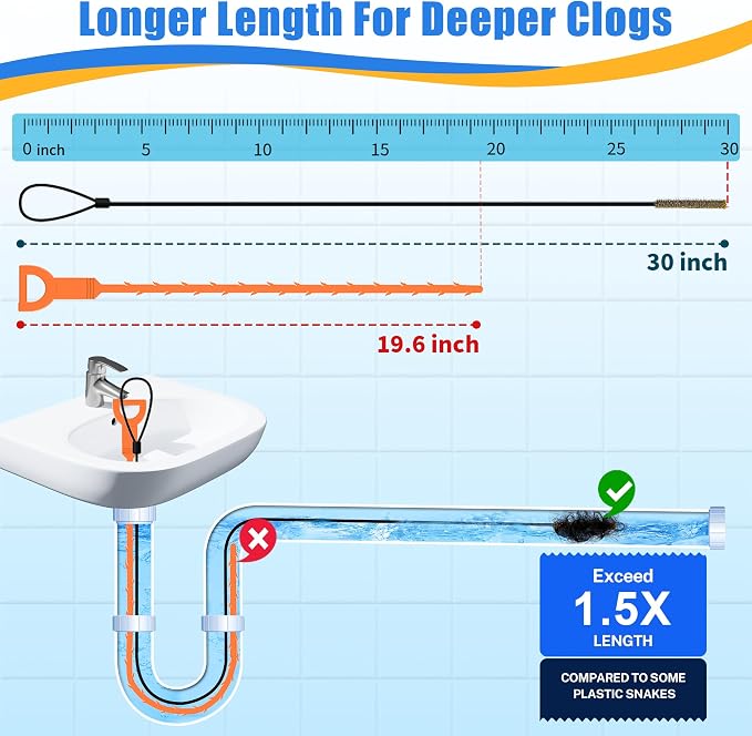 30 Inches Drain Snake Hair Drain Clog Remover, Upgraded Anti-break Metal Sink Snake with Nylon Layer, Plumbing Snake Drain Cleaner Tool for Shower Drain, Bathroom Clogs, Kitchen Sink (5 Pack)