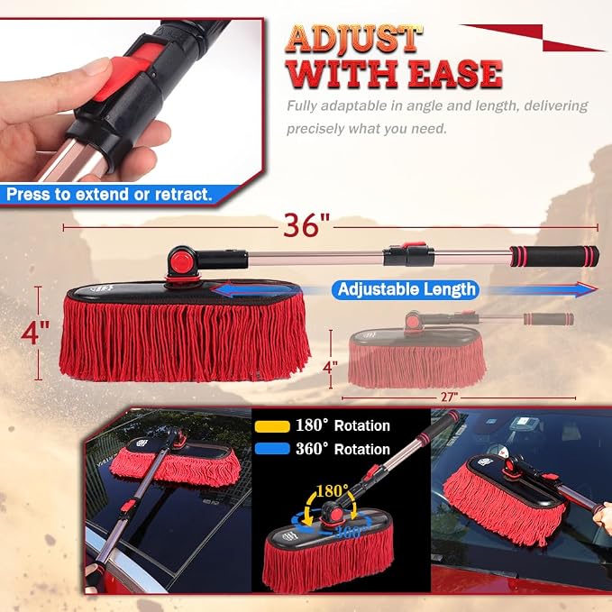 Exterior Car Duster & Brush Kit - Extendable，Wax Cotton | Telescoping auto mop traps pollen scratch-free. Combo with inside detailing tools & bag. Gift for SUV, truck, motorcycle.