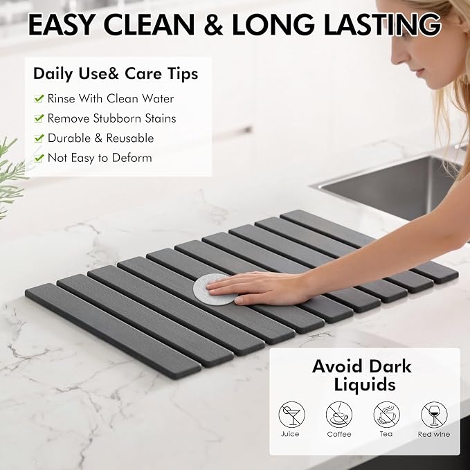 4 Pcs Stone Dish Drying Mat for Kitchen Counter, 24''x16'' Super Absorbent Diatomaceous Earth Stone Drying Mat Faucet Mat with 2 Coasters, Quick Dry Mat for Kitchen Counter Dishes Cups