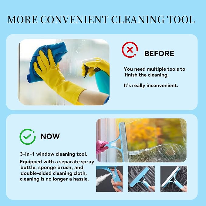 3 in 1 Window Cleaning Scraper,All-Purpose Spray Window Squeegee Cleaner Tool,for Glass Doors for Windows Glass, Mirrors Scraper, Brush (Blue)